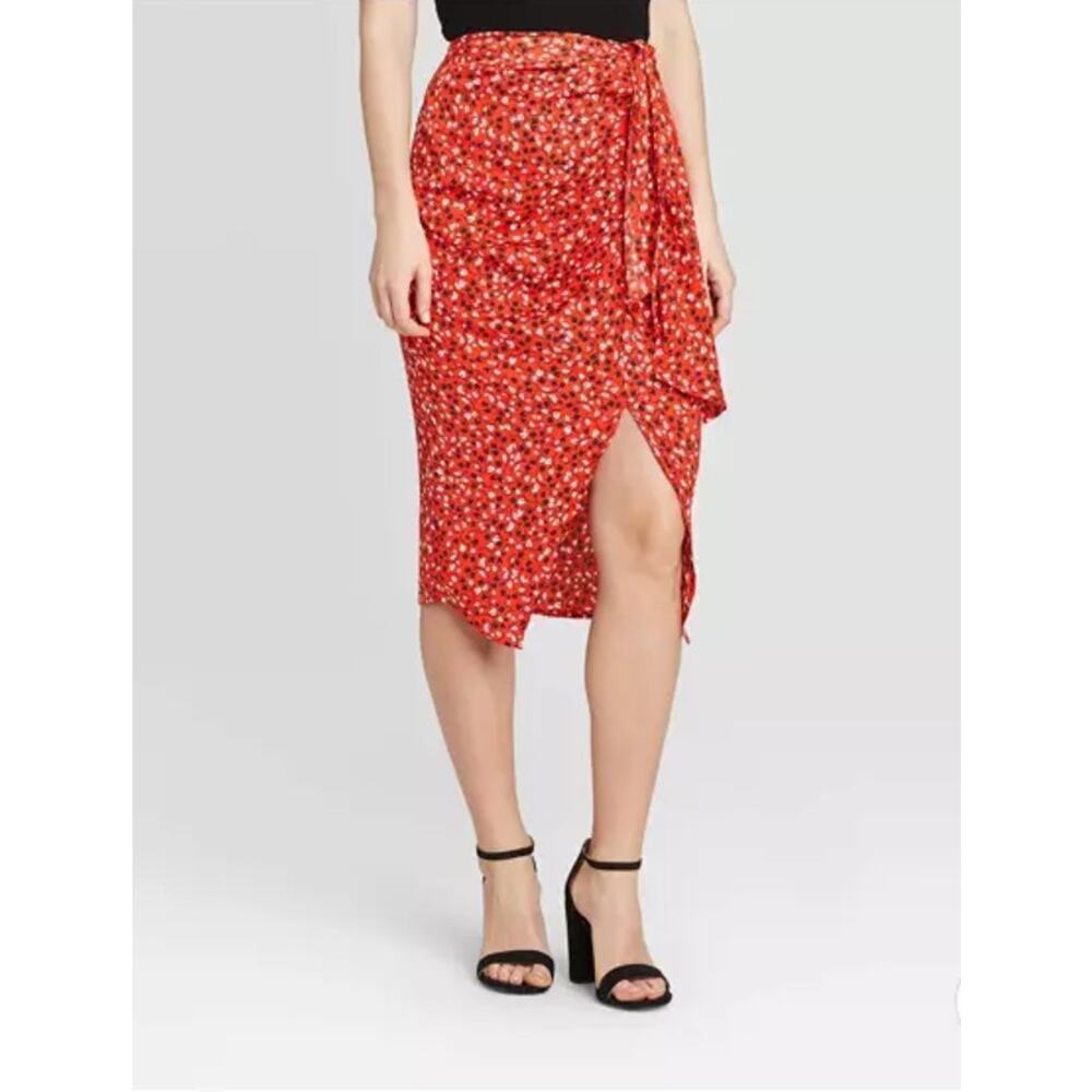 Who What Wear Floral Print Faux Tie Slip Midi Skirt Red Size 8